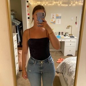 Garage Crushed Velvet Bodysuit - Navy Blue